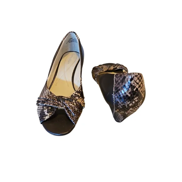 Dress Barn Black/Brown Snakeskin Print Open-Toe Wedges - Picture 2 of 6